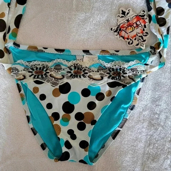 NWT Becca Vintage White Blue Polka Dot beaded Swim Bikini Size M - Picture 6 of 7